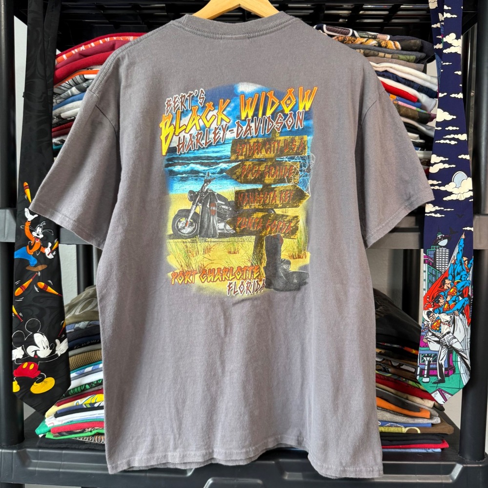 Y2K Gray Bert's Black Widow Harley-Davidson Graphic T-Shirt Large